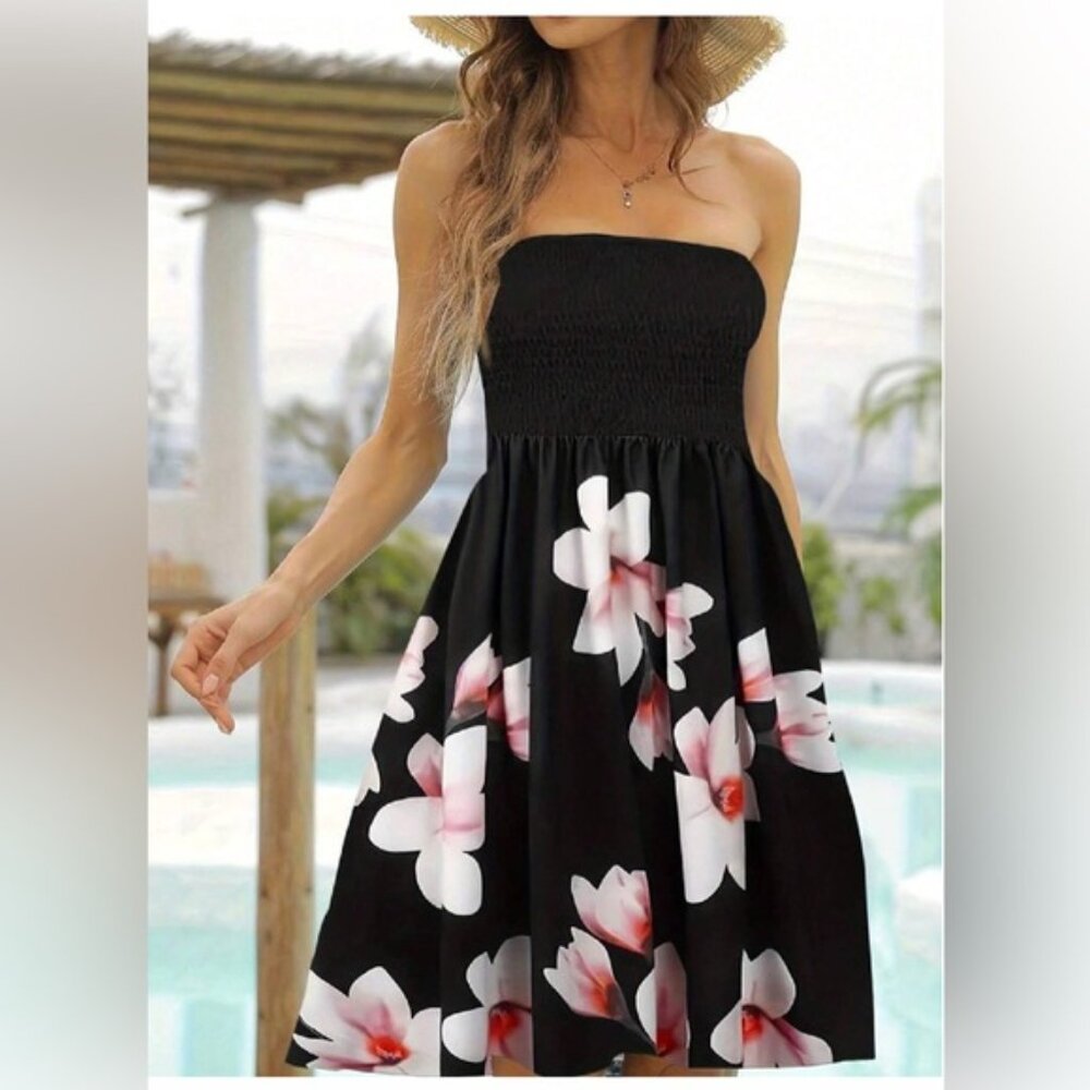 Floral Print Shirred Strapless Dress - Picture 2 of 5